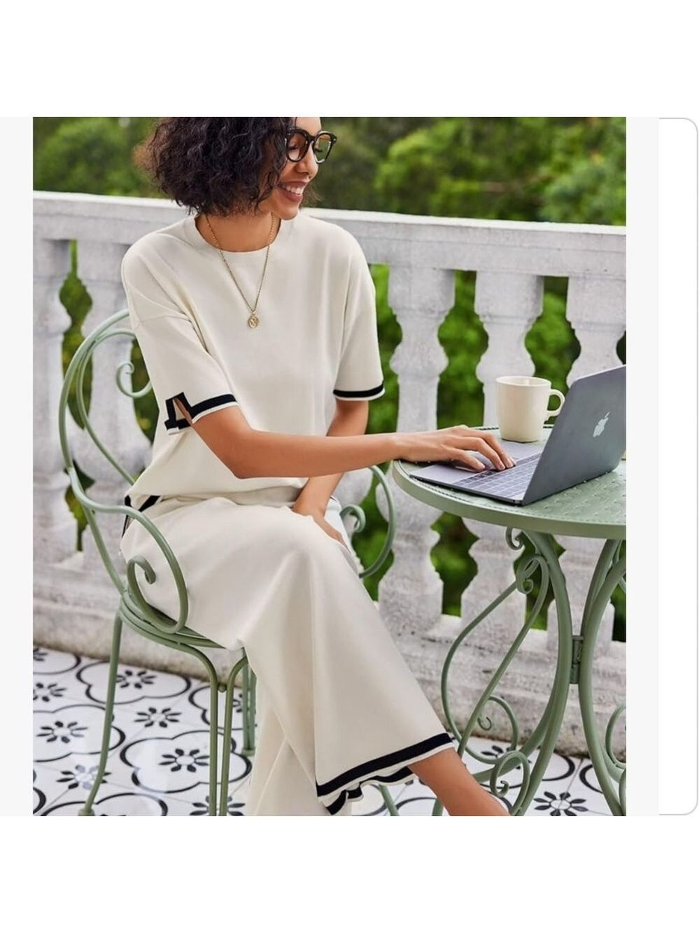 EKOUAER 2 PIECE KNIT LOUNGEWEAR SET CREAM BLACK WIDE LEG SHORT SLEEVE NWT XL - Picture 2 of 9
